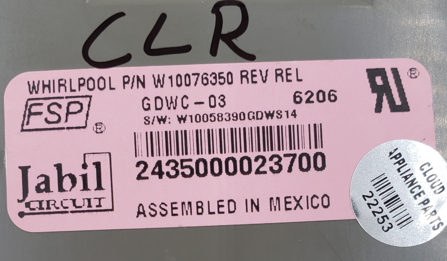 Genuine Whirlpool Dishwasher C. Board W10076350 Same Day Ship & 60 Days Warranty